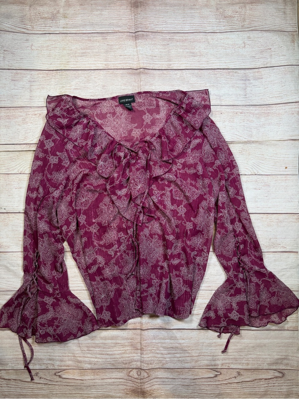 Lace-Print Ruffle Flare Sleeve Blouse in Burgundy